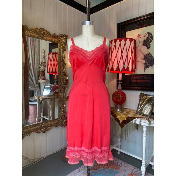 Vintage Dresses & Skirts - vintage 1950s red nylon slip 50s lingerie lace ruffled med 38 pin up boudoir